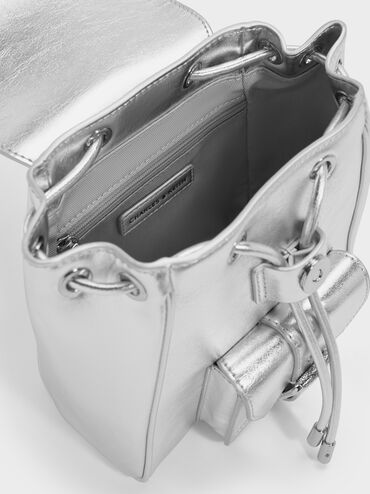 Balo rút dây Blaise Metallic Front-Pocket, Bạc, hi-res