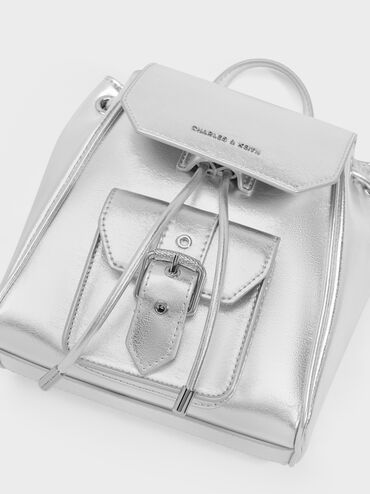 Balo rút dây Blaise Metallic Front-Pocket, Bạc, hi-res