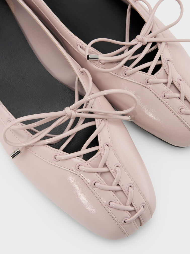 Lace-Up Bow Ballet Flats, Light Pink, hi-res