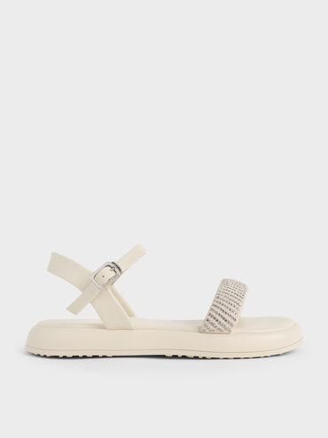 Giày sandals đế bệt Crystal-Pearl Ankle-Strap, Phấn, hi-res