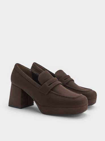 Faux Suede Platform Block-Heel Loafer Pumps, Dark Brown Textured, hi-res