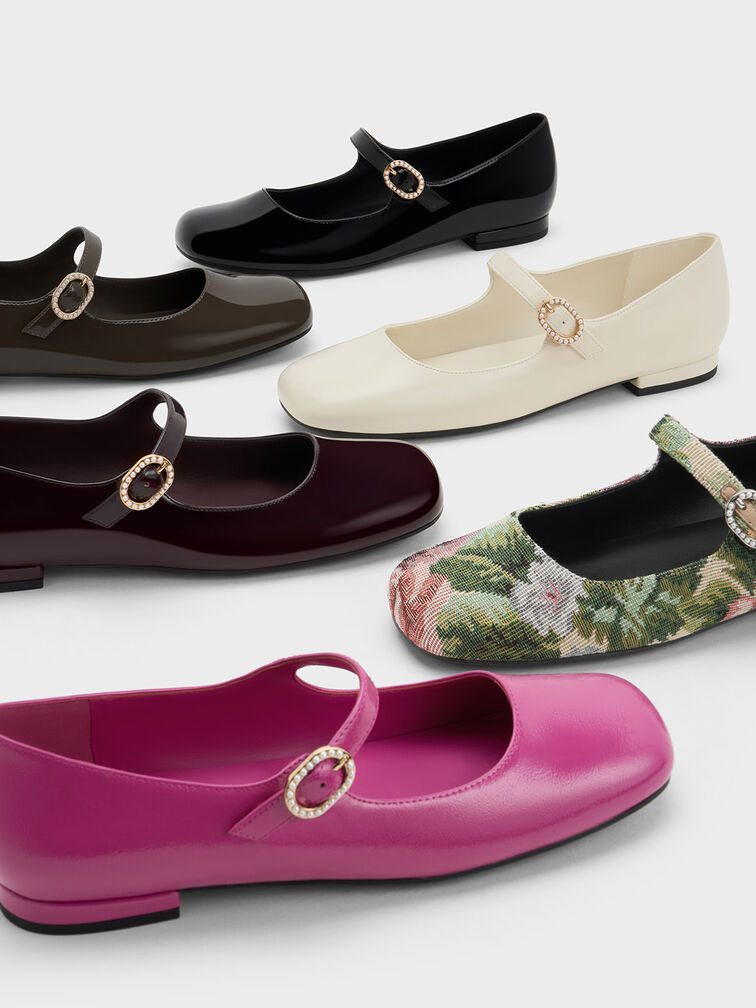 Giày búp bê mũi vuông Patent Pearl-Buckle, Đen bóng, hi-res