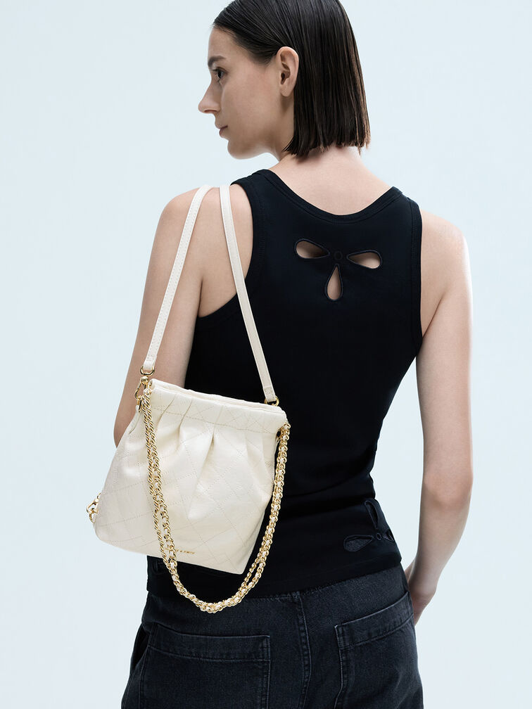 Balo phom chữ nhật Duo Chain-Handle Two-Way, Kem, hi-res