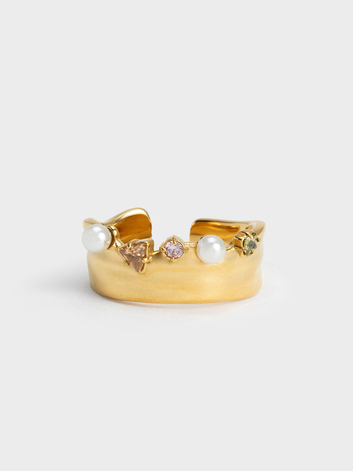 Pearl & Crystal-Embellished Wide-Band Ring, Nude, hi-res