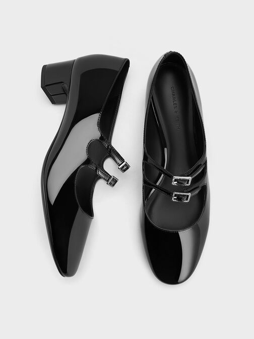 Double Crystal-Buckle Mary Jane Pumps, Black Boxed, hi-res