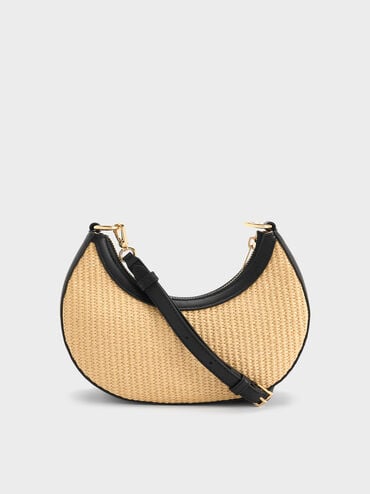 T&uacute;i đeo vai Leather & Raffia Crescent Hobo, Neutral Raffia, hi-res