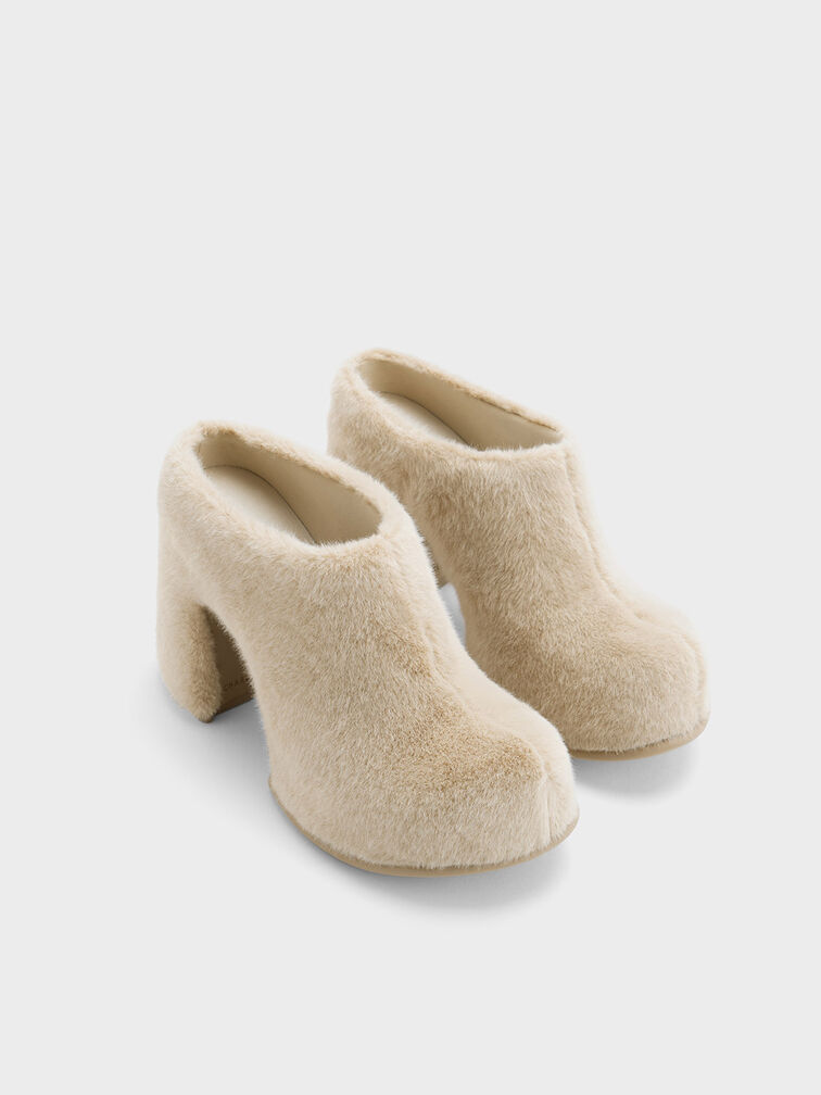Giày mules cao gót Pixie Furry Platform, Be, hi-res