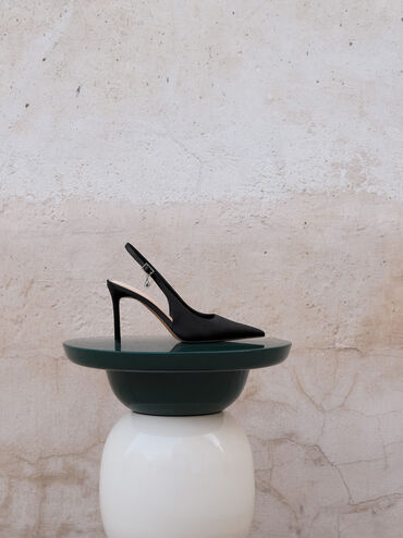Satin Teardrop-Crystal Stiletto-Heel Slingback Pumps, Black Textured, hi-res