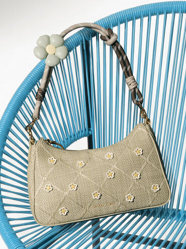 T&uacute;i đeo vai h&igrave;nh thang Philomena Raffia Flower, Pale Olive, hi-res
