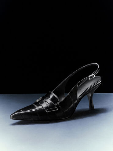 Griselda Eel-Effect Slingback Pumps, Animal Print Black, hi-res