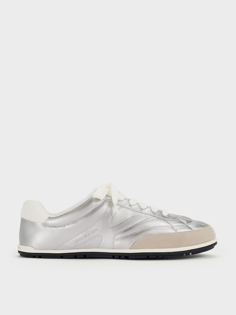 Metallic Low-Top Sneakers, Silver, hi-res
