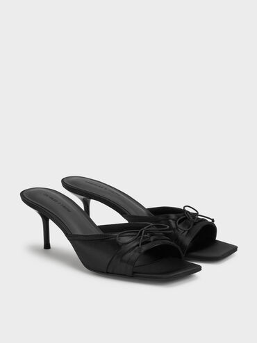 Sadira Satin Ruched Bow Heeled Mules, Black Textured, hi-res
