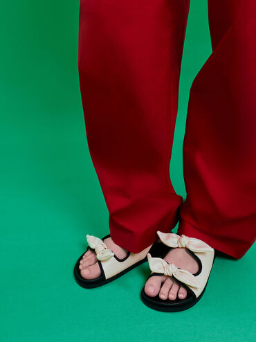 Giày sandals đế bệt Knotted-Bow Double-Strap, Phấn, hi-res
