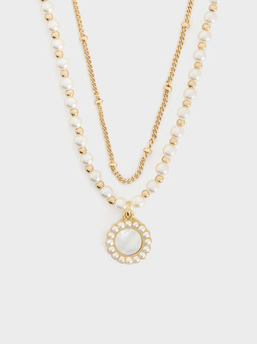 Pearl & Gemstone Double-Chain Necklace, White, hi-res