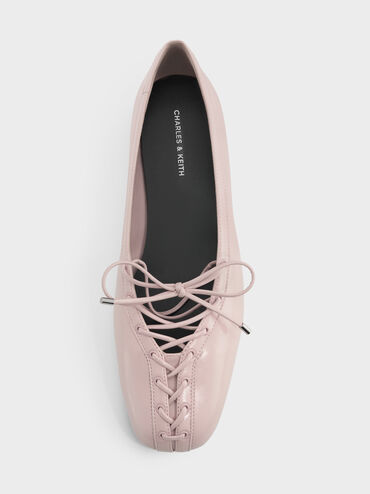 Lace-Up Bow Ballet Flats, Light Pink, hi-res