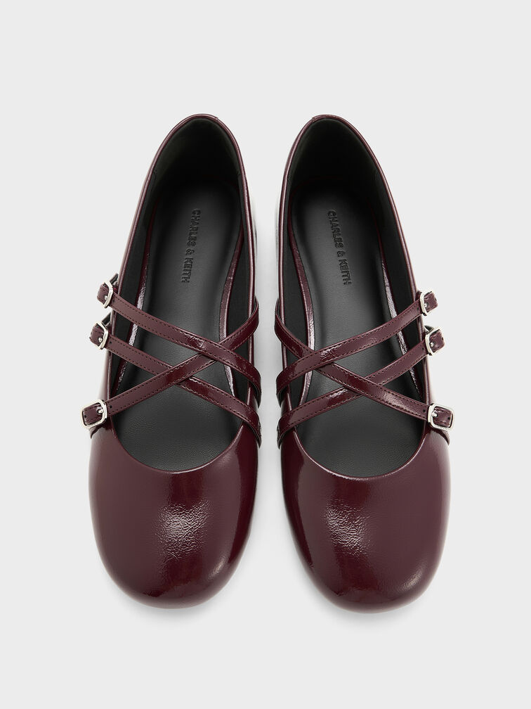 Patent Triple-Strap Crossover Mary Jane Flats, Burgundy, hi-res