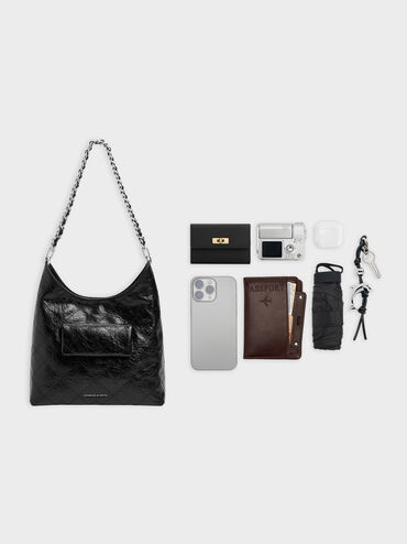 Duo Quilted Front-Pocket Chain Hobo Bag, Noir, hi-res