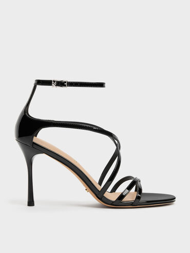 Patent Leather Strappy Stiletto Sandals, Black Patent, hi-res