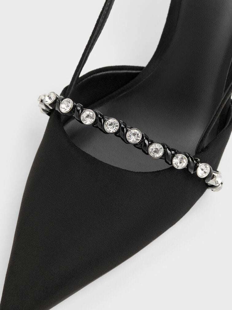 Faux Suede Crystal Slingback Pumps, Black Textured, hi-res