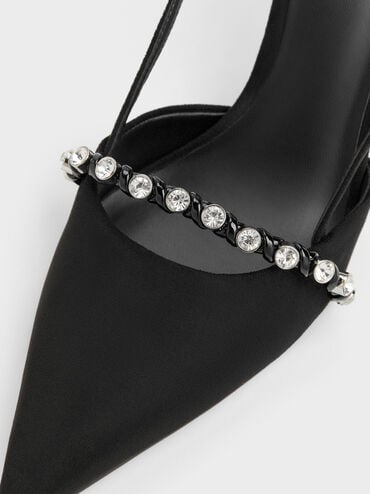 Faux Suede Crystal Slingback Pumps, Black Textured, hi-res