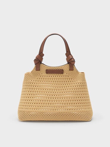T&uacute;i tote phom h&igrave;nh thang Ida Knotted Handle Knitted, Be, hi-res