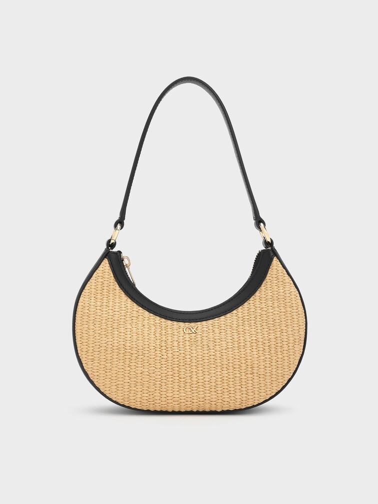 T&uacute;i đeo vai Leather & Raffia Crescent Hobo, Neutral Raffia, hi-res