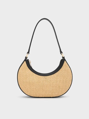 T&uacute;i đeo vai Leather & Raffia Crescent Hobo, Neutral Raffia, hi-res