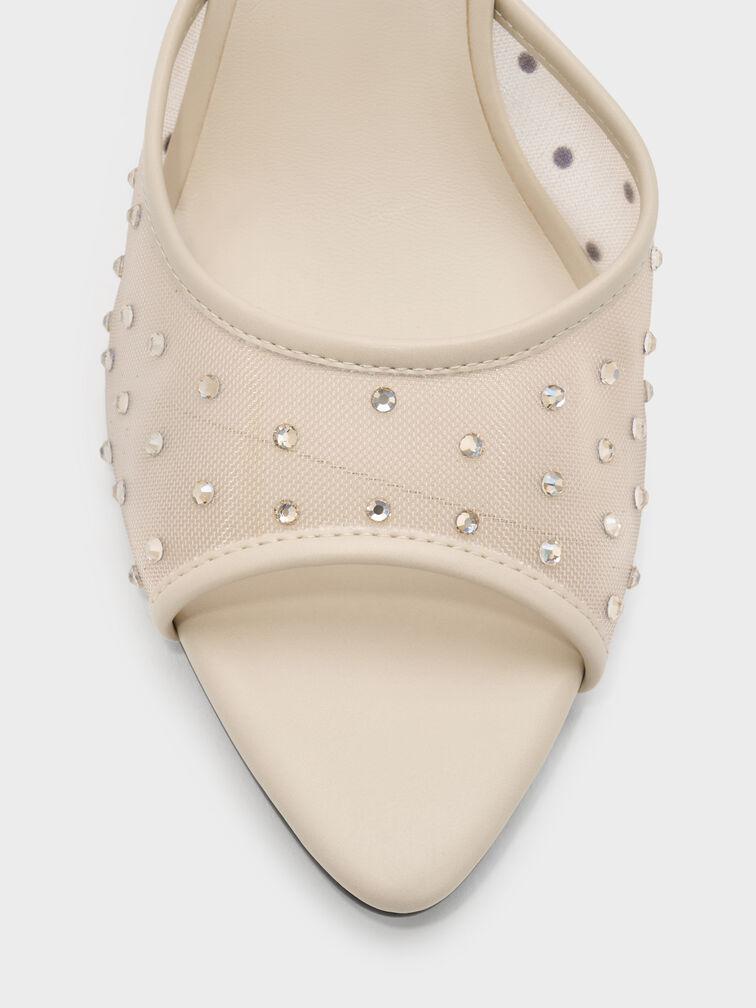 Mesh Crystal Peep-Toe Heeled Mules, Beige, hi-res