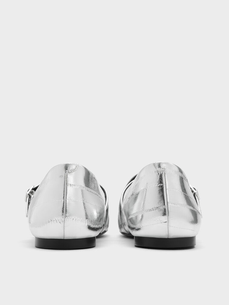 Metallic Triple-Strap Crossover Mary Jane Flats, Silver, hi-res