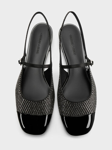 Pearl & Crystal-Embellished Cap-Toe Slingback Mary Jane Flats, Black Textured, hi-res