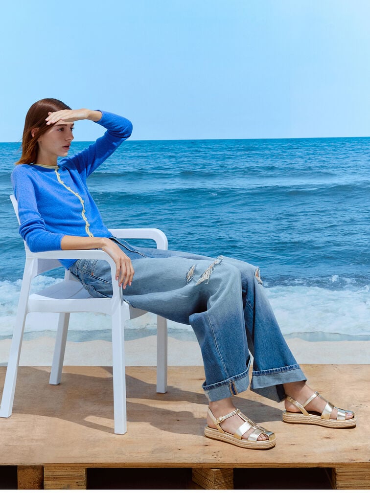 Metallic Caged Flatform Espadrille Sandals, Light Gold, hi-res