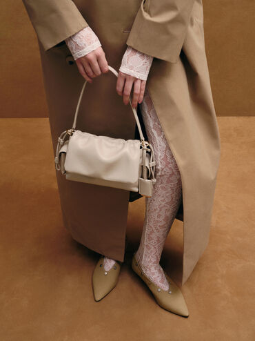 Túi xách phom chữ nhật Khai Ruched-Flap, Xám trắng, hi-res