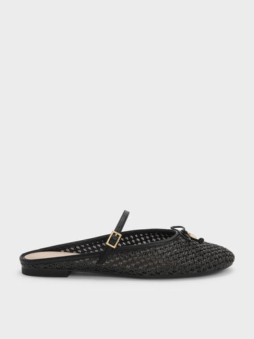 Gi&agrave;y mules đế thấp Raffia, Đen họa tiết, hi-res