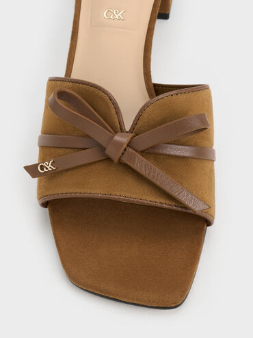 Leather & Suede Bow Heeled Mules, Brown, hi-res