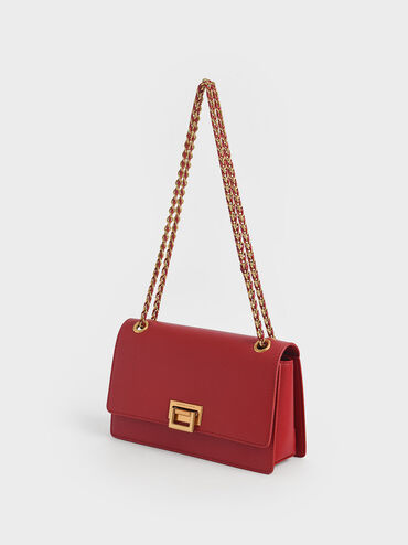 Túi đeo vai nữ nắp gập phom chữ nhật Chain, Đỏ, hi-res