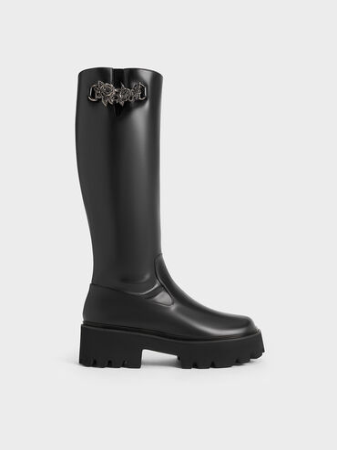 Imogen Rose-Motif Chunky Knee-High Boots, Black, hi-res