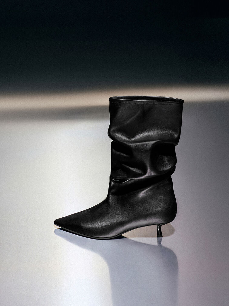 Ruched Kitten-Heel Calf Boots, Black, hi-res