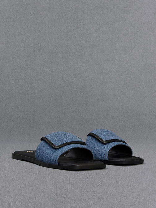 Leather & Denim Slide Sandals, Blue, hi-res