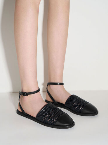 Giày mules hở gót Woven Ankle-Strap, Đen, hi-res