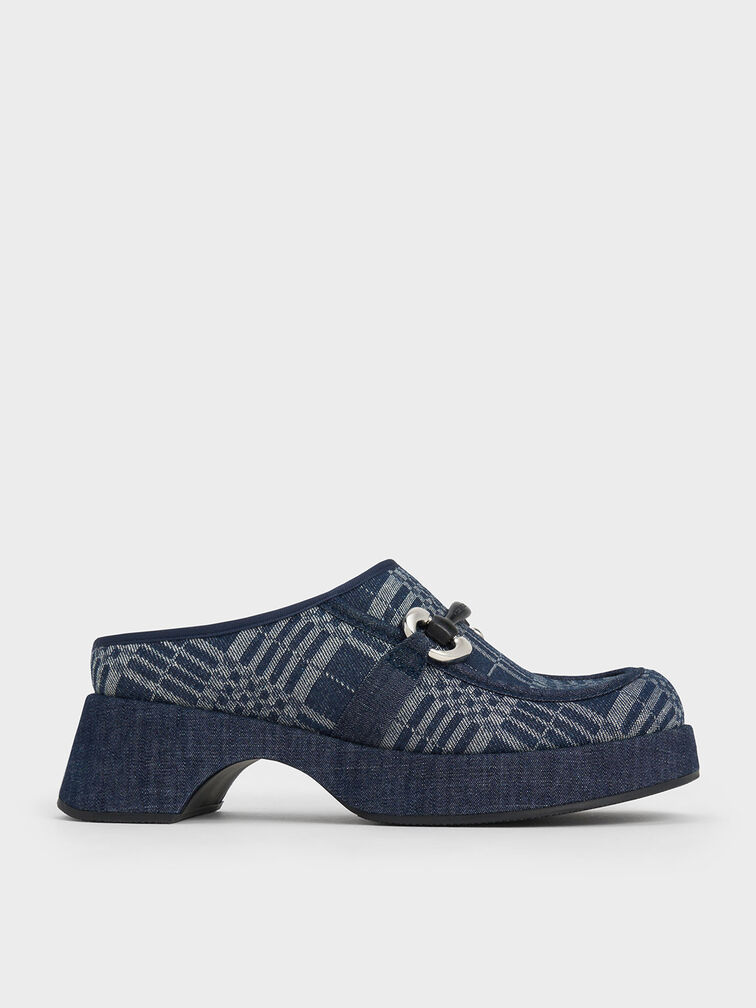 Gi&agrave;y mules Denim Plaid Metallic Accent Platform, Xanh đậm, hi-res