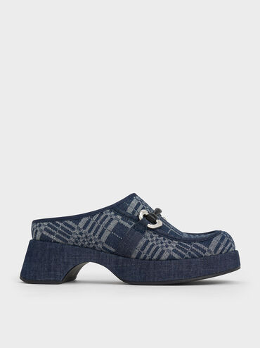 Gi&agrave;y mules Denim Plaid Metallic Accent Platform, Xanh đậm, hi-res