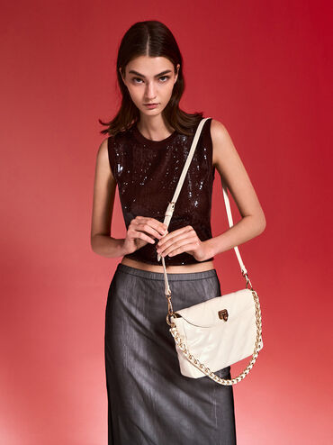 Túi xách Fawn Panelled Front Flap Chain-Handle, Kem, hi-res