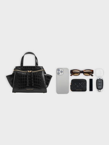 Pansy Trapeze Croc-Effect Top Handle Bag, Black, hi-res