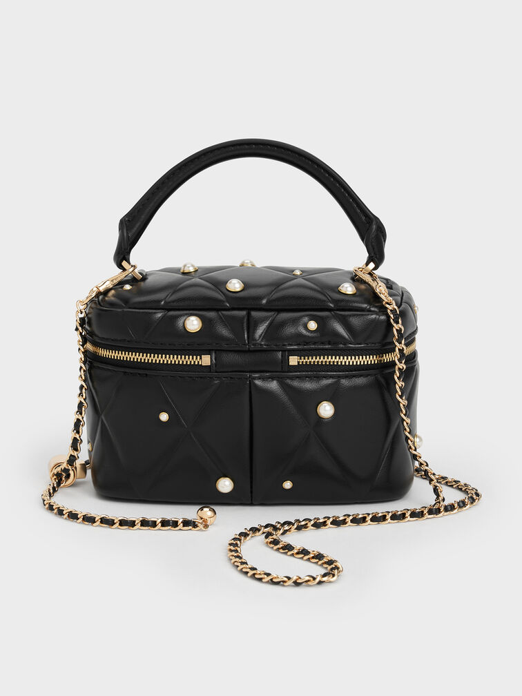 Arwen Quilted Pearl-Embellished Top Handle Vanity Bag, Black, hi-res