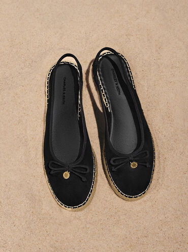 Faux Suede Bow Slingback Espadrilles, Black Textured, hi-res
