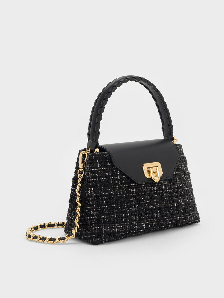 Arwen Tweed Quilted Braided-Strap Top Handle Bag, Black Tweed, hi-res