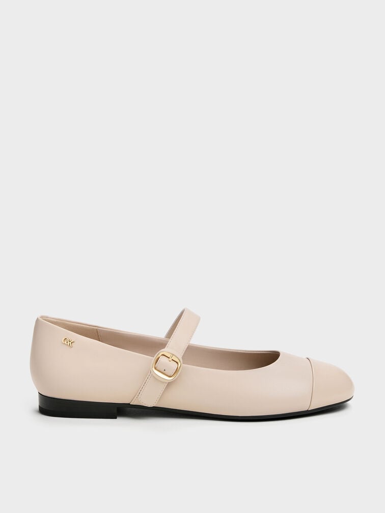 Leather Cap-Toe Mary Janes, Oat, hi-res