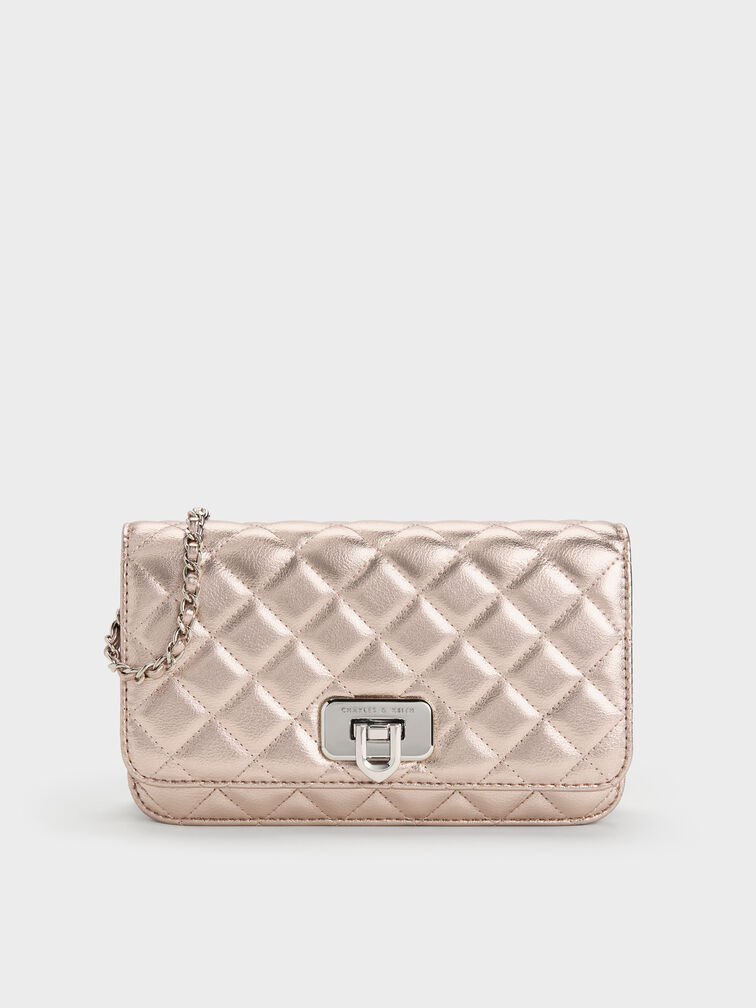 Cressida Metallic Quilted Clutch, Rose Gold, hi-res