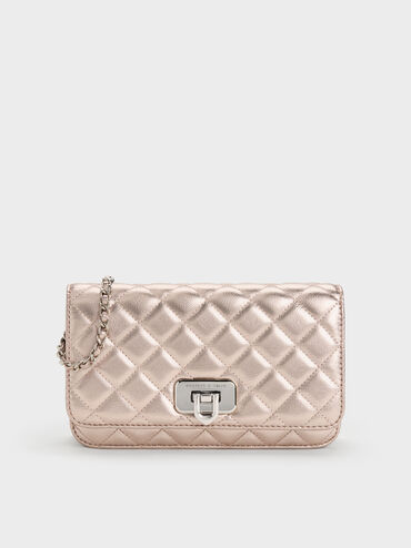 Cressida Metallic Quilted Clutch, Rose Gold, hi-res