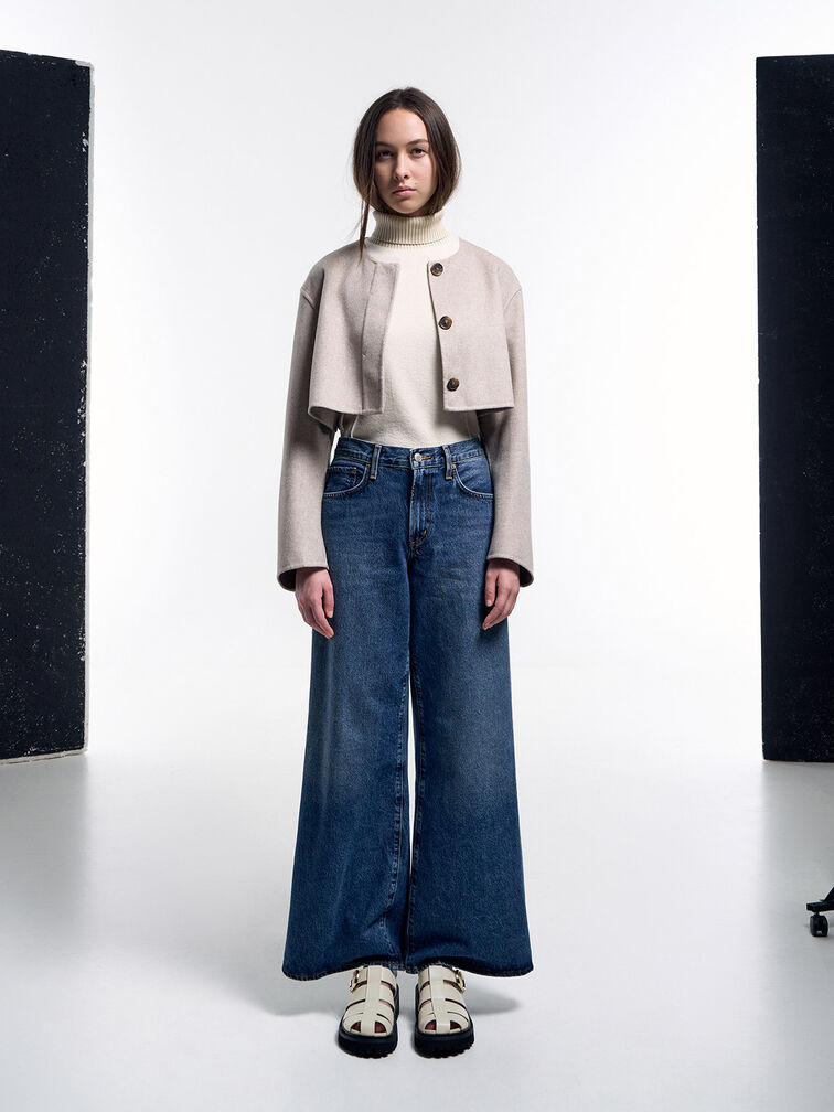 Gi&agrave;y mules mũi tr&ograve;n Interwoven Oval-Buckle, Phấn, hi-res